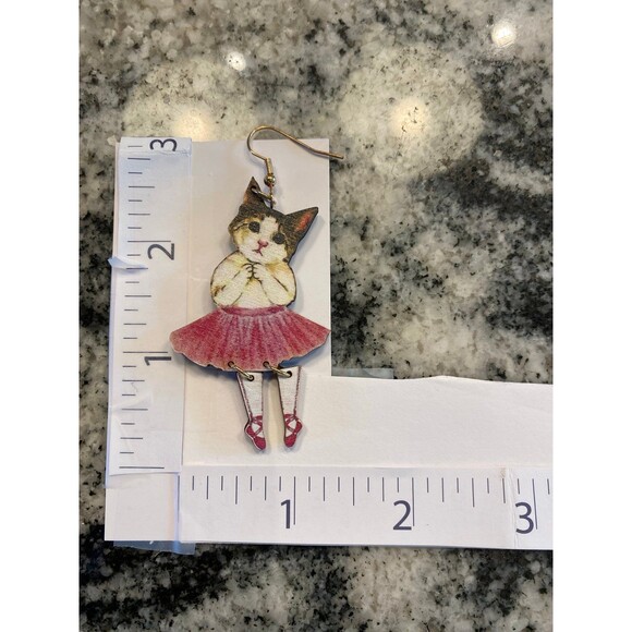 Cat Earrings Ballerina Dancing Kitty w/ Pink Tutu Whimsical Quirky Dangle Funny - Picture 4 of 6